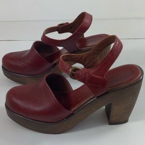 Women’s Red Leather Platform Mules with Ankle Strap
